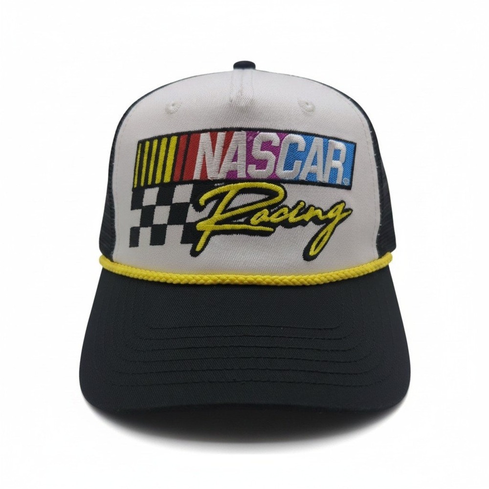 NASCAR Racing Trucker Hat Black White Snapback Mesh Cap Yellow Rope